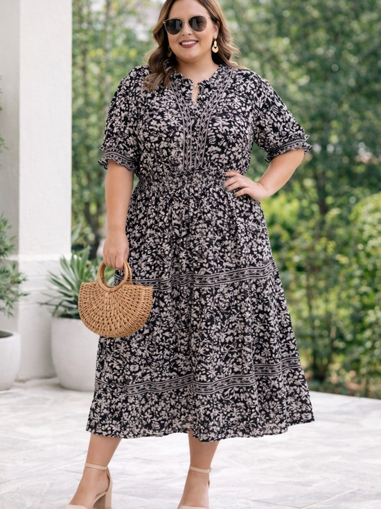 Max Studio Dresses & Skirts - Max Studio Black Floral Smocked Midi Dress Short Sleeve 1X NWT